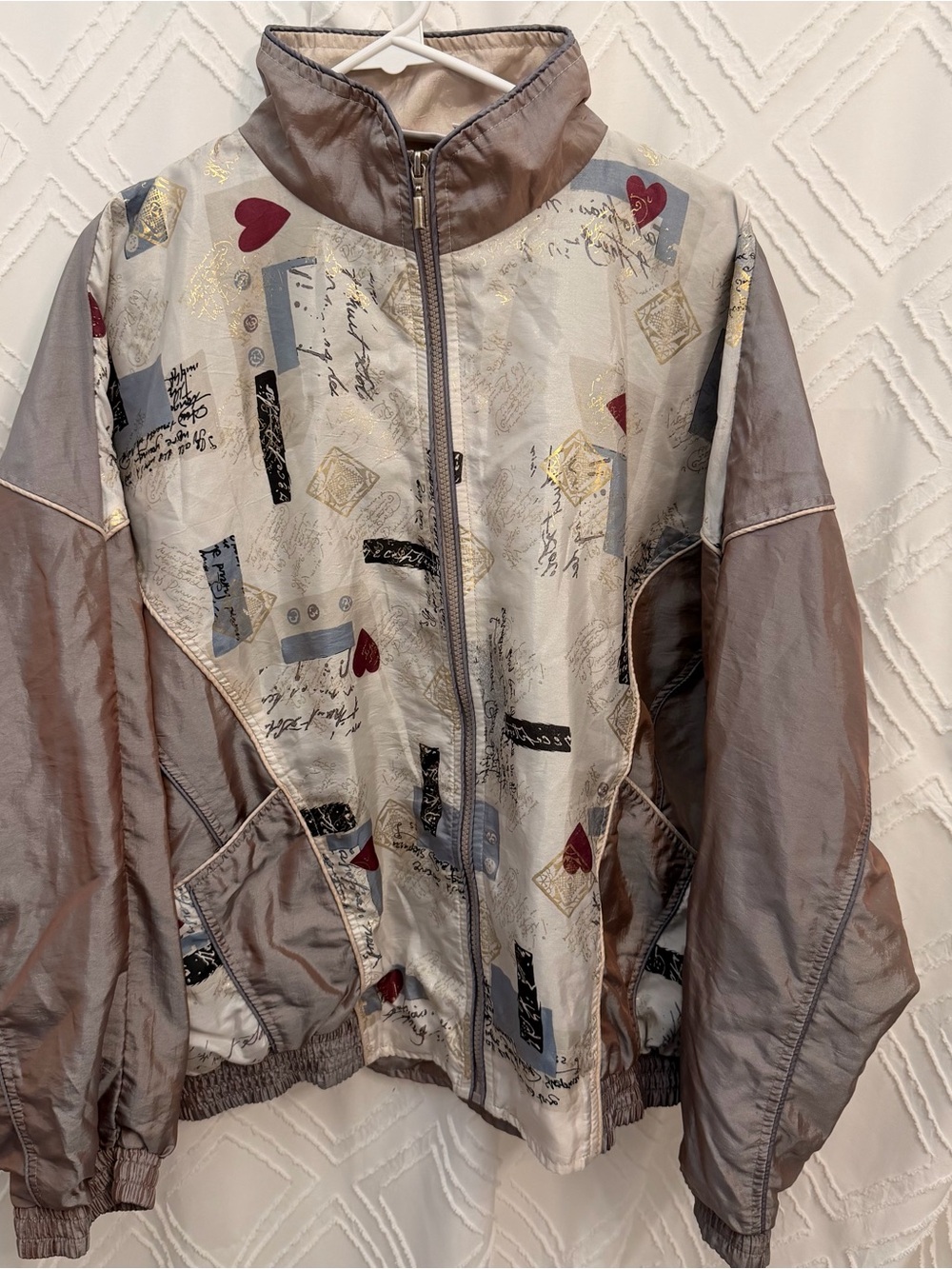 Light Taupe Patterned Windbreaker Jacket - Women Vintage Abstract Retro